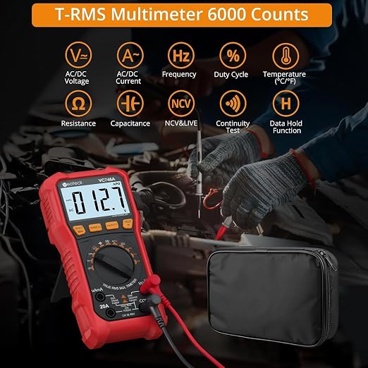 Neoteck 6000 Counts Digital Multimeter for DC AC Voltage/Current TRMS Voltmeter with Test Probe Auto Range Multimeter with NCV Live for Temperature Capacitance Resistance Diode Continuity Red
