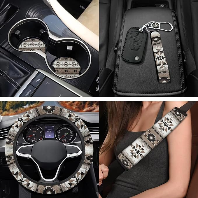 Western Aztec 11 Pack Car Accessories Set with Car Front Seat Cover Steering Wheel Cover Auto Seat Belt Cover Rear View Mirror Cover Easy to Install for Car SUV Seat Protector