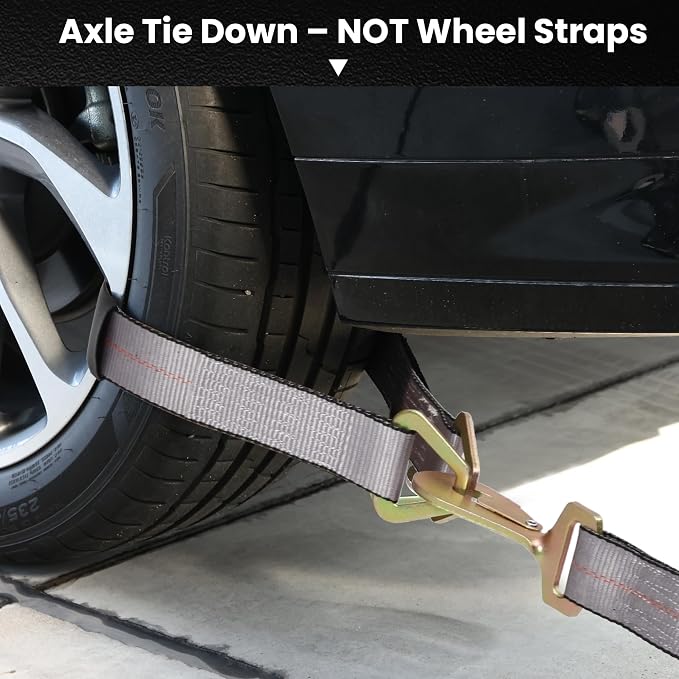 Over Wheel Tie Down Straps for Trailers, 4 Pack 2" x 10' Heavy Duty Ratchet Straps 10,000 lbs Break Strength, Tire Lasso Straps with Snap Hooks for Car Hauler, UTV, ATV, Includes (4) 36" Axle Straps