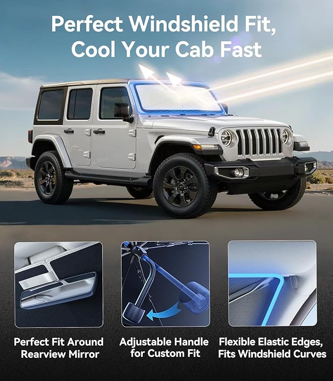Nmoiss [Vinyl Coating Heat Shield] Windshield Sun Shade Umbrella for All Jeep Wrangler & Gladiator Accessories, Protect Car Interior from Sun Rays & Heat Damage Keep Cool