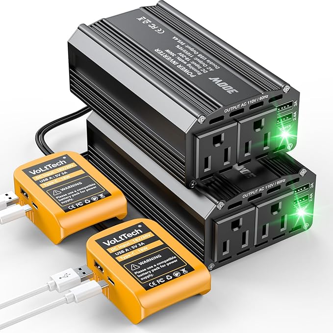 VoLtTech 300W Power Inverter 18V to 110V Compatible with Dewalt 20V, Battery Inverter DC Charger Adapter with 2 AC Outlet & 2 USB Port for Vehicles, Laptop, Computer, Phone, Fan(No Battery)(2 Pack)