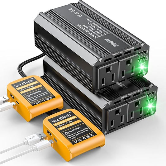 VoLtTech 300W Power Inverter 18V to 110V Compatible with Dewalt 20V, Battery Inverter DC Charger Adapter with 2 AC Outlet & 2 USB Port for Vehicles, Laptop, Computer, Phone, Fan(No Battery)(2 Pack)
