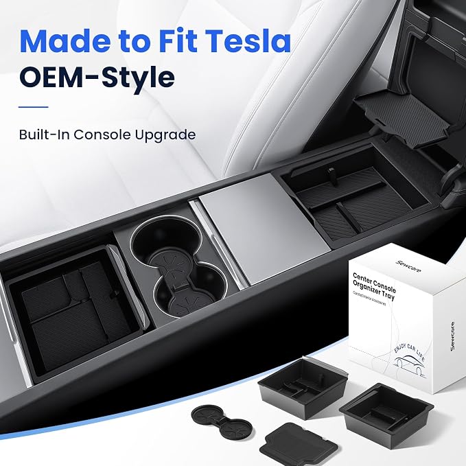 2026 Center Console Organizer for Tesla Model Y Juniper & Model 3 | OEM-Style Fit, Double-Layer Storage, Non-Slip Low-Rattle Mats, Tesla Model Y Juniper 2025-2026 & Model 3 Highland 2024-2026