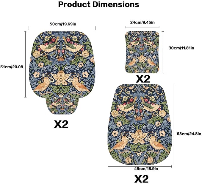 Luxury Boho Car Seat Covers Set,2-Front Seat Full Set,William Morris Vintage Bohemian Floral Pattern Honeycomb Knit Fabric,Breathable&All-Season Universal Automotive Seat Protectors