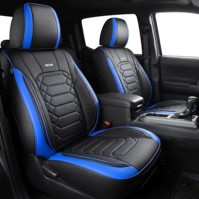 FREESOO Tacoma 2016-2023 Seat Covers Custom Fit for Toyota Tacoma Double Crew Cab Faux Leather Full Set Pickup Truck Seat Covers (Full Set, BlackBlue)