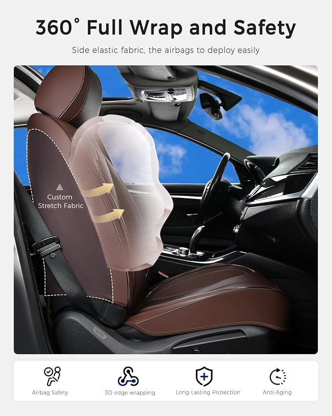 Huidasource Brown Seat Covers, Nappa Leather Car Seat Covers with Lumbar Support, Ventilation Holes, Velcro Adjustable, Airbag, Full-Coverage Seat Covers, Universal Fit for Most Cars SUV Trucks, Brown