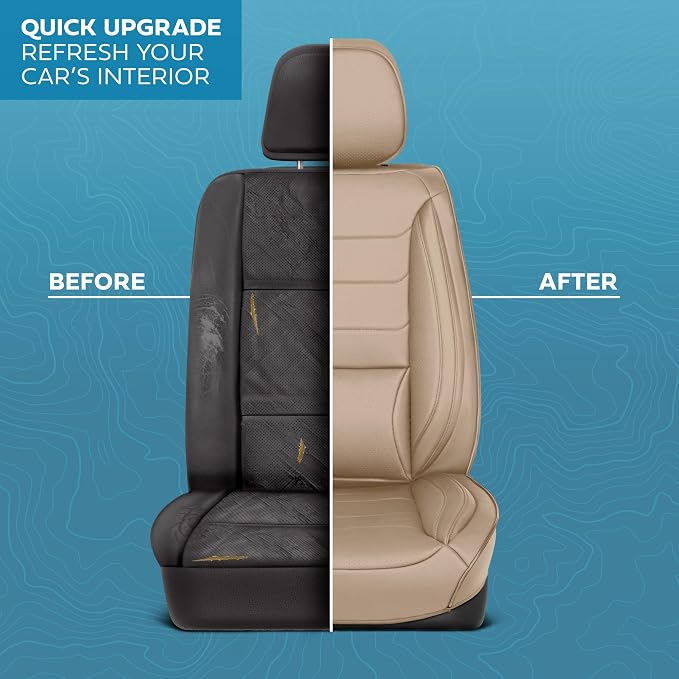 MotorBox Meridian Series Napa Leather Seat Covers for Cars, Classic Cushion Front Seat Covers, Premium PU Leatherette Beige Car Seat Covers with Classic Line Design, Cars Trucks SUVs