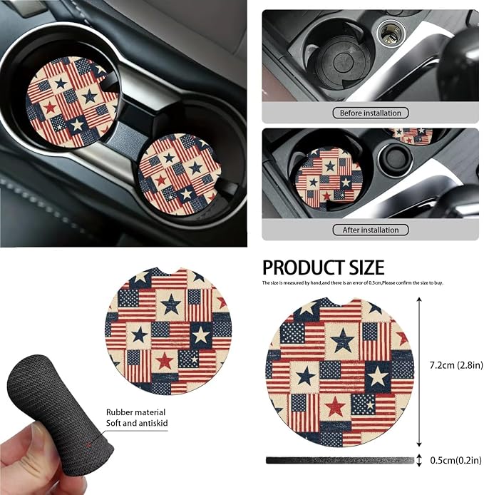 Wanyint Car Seat Cover Set 15 Pack, with Steering Wheel Seat Belt Strap Rearview Mirror Cover Garbage Cans Air Vent Pouch Coasters Keychain July 4th Patriotic Auto Decor, Vintage US Flag Patchwork
