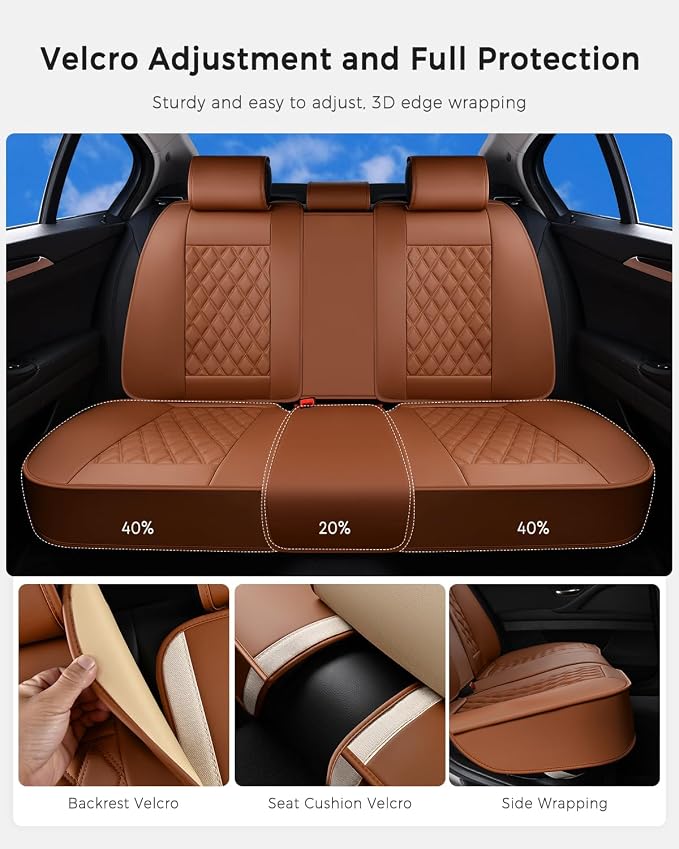 Huidasource Brown Back Seat Covers, Nappa Leather Rear Seat Covers Velcro Adjustable, Compatible with Seat Belts, Child Safety Seats, Universal Fit for Most Cars SUVs Trucks (Back Row/Brown)