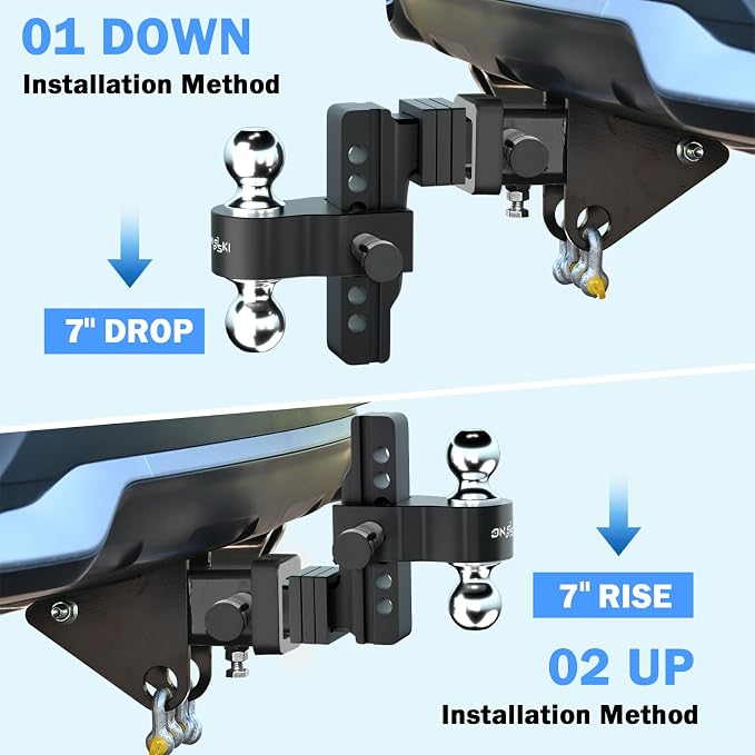 Adjustable Trailer Truck Drop Hitch - Fits 2 Inch Receiver Only, 6 Inch Drop Dual Ball Mount 2" and 2-5/16" Up to 12,500 LBS GTW, Heavy Duty Aluminum Towing Hitch with 2 Hitch Locks & 4 Silencer Pads