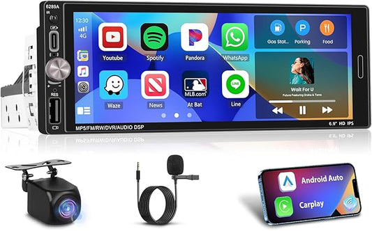[2+32G] Single Din Touchscreen Radio Wireless Apple Car Play Wireless Android Auto, 6.9 in Single Din Car Stereo with Mirror Link Bluetooth 5.0 FM RDS GPS Navigation 32EQ SWC + Backup Camera