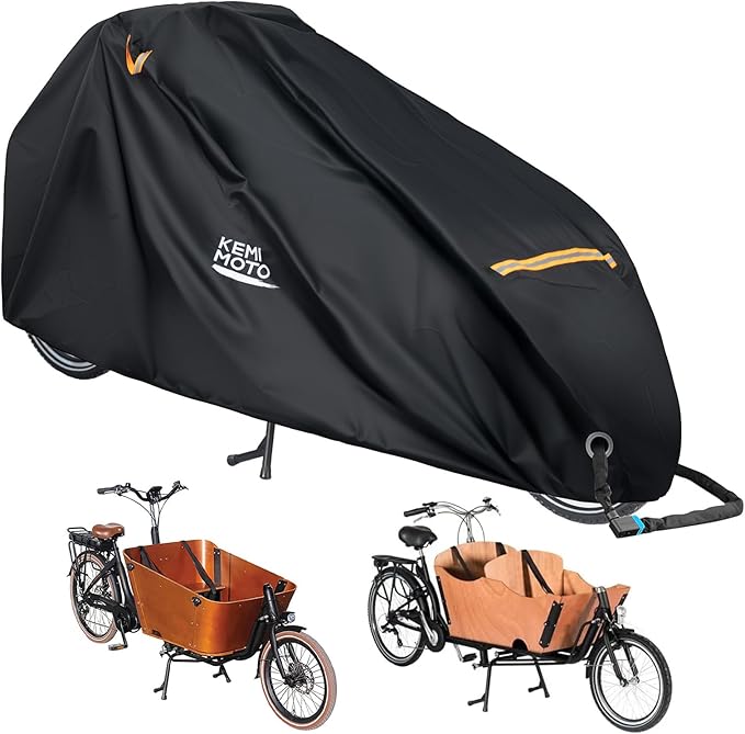 KEMIMOTO Bike Cover Outdoor, 420D Heavy Duty for Adult 2 Wheel Cargo Bicycles, Rain Covers for Storage Waterproof with UV & Wind Protection, Folding Extra Large Ebike Tarp for Outdoor Storage