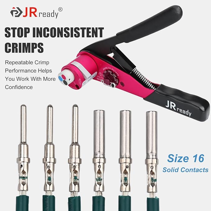 JRready ACT-DT1 Deutsch Crimp Tool Turret-Style (HDT-48-00 Equivalent) for DT/DTM/DTP Connectors Size 12/16/20 Solid Contacts (12-22AWG), 4-Indent 8-Impression Ratcheting Crimper