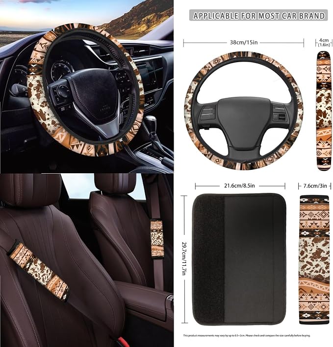 Aztec Tribal Geometric Cow Sunflower Print Full Set with Front Back Seats Steering Wheel Covers, Trash Can, Air Vent Bag, Auto Seat Belt Pads, Mirror Cover, Cup Holder Coaster for Women Men
