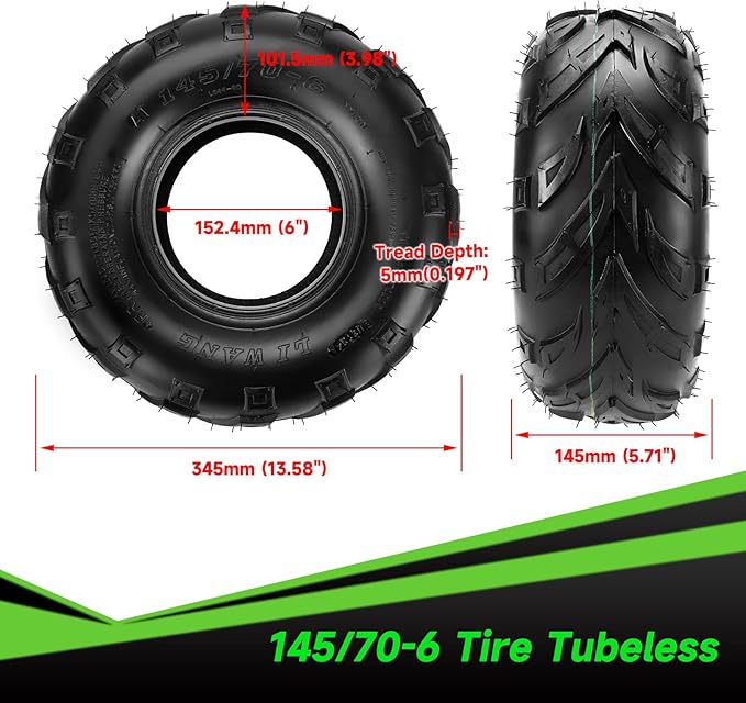 145/70-6 145-70-6 Tires Tubeless Compatible with Coleman CT100U CC100X Baja Doodle Bug DB30 Mini Bike KT196 Go Kart Motovox MBX10 MBX11 Mega Monster Moto 80cc 105cc Kazuma ATV Quad 4 Wheeler