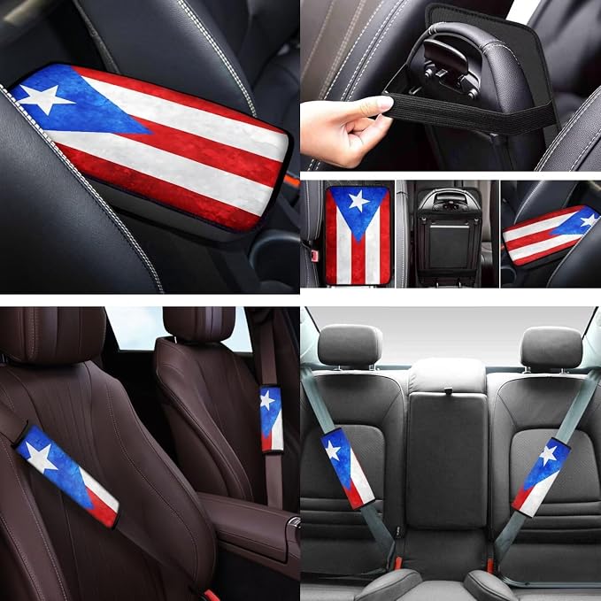 Puerto Rico 12Pcs Car Seat Covers Full Set Car Seat Belt Cover Steering Wheel Cover Armrest Cushion Cup Coasters and Keychain Holder Suitable for Most Cars,SUV