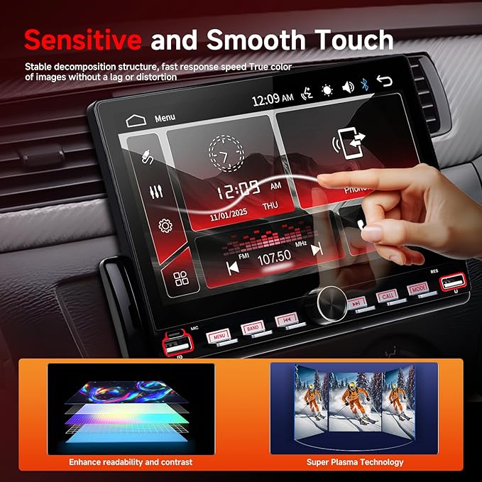7 Inch Single Din Car Stereo with Mirror Link, Steering Wheel Control, Bluetooth, FM Radio, 7 Color Lights, EQ Adjustment, Online Video Support for Most Vehicles