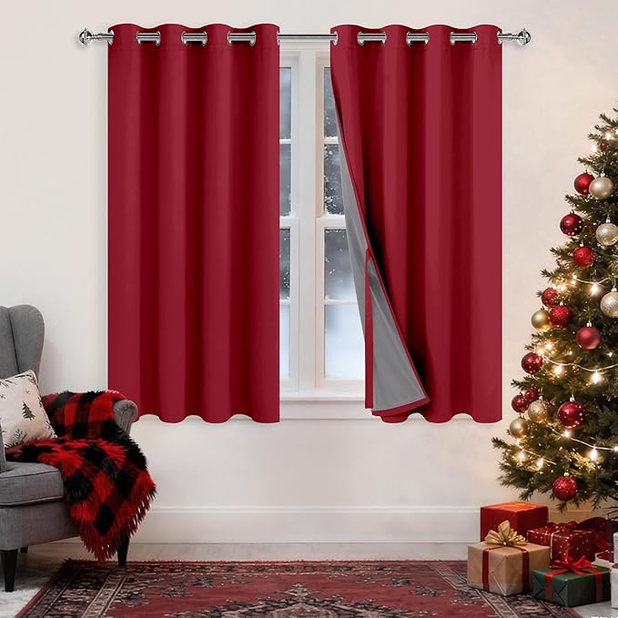 XWZO 100% Blackout Curtains with Tiebacks- Full Light Blocking & Energy Saving Window Panels with Black Liner for Bedroom/Basement/Party, Christmas Red, W52 x L54, Set of 2 Draperies