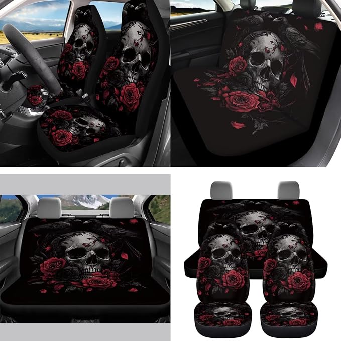 15Pcs Rose Raven Skull Car Seat Cover Full Set for Women with Car Steering Wheel Cover Seat Belt Cover Trash Bin Front Rear View Mirror Car Cup Holder Keychain