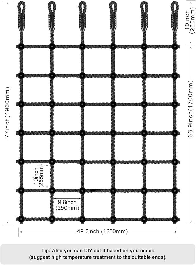 Climbing Cargo Net for Kids Outdoor 49" x 77" Heavy Duty Climbing Net No Knots Climbing Ladder Net for Swing Set, Treehouse, Playground, Ninja Obstacle Course Rope Net for Climbing - 1000LB Capacity