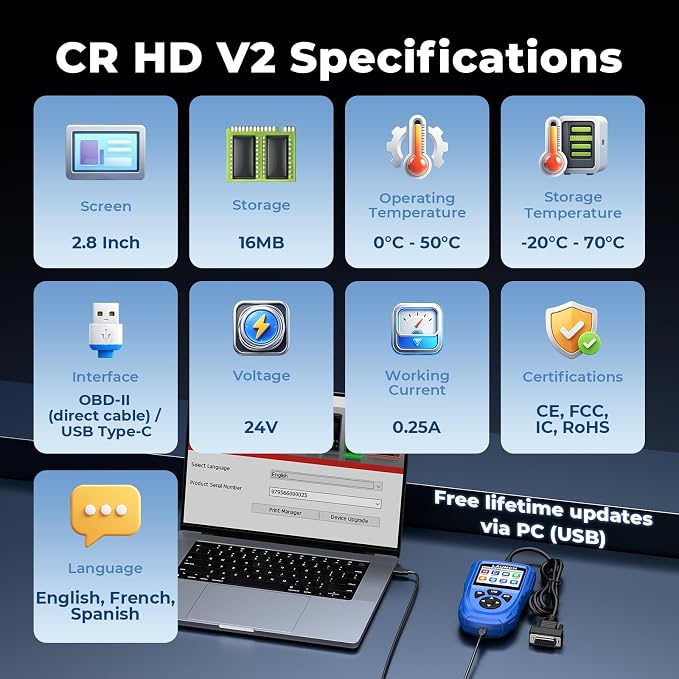 LAUNCH CR HD V2 Heavy Duty Truck Diagnostic Tool, HD OBD Scanner, Diesel Code Reader, OBD2 & Heavy Duty Diagnostic, DTC Lookup, Battery Voltage Check, Freelifetime Upgrade for DIYers
