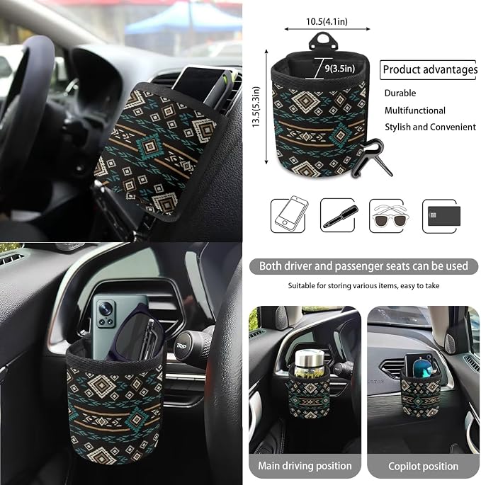 Wanyint Car Seat Cover Set 15 Pack with Steering Wheel Seat Belt Strap Rearview Mirror Cover Garbage Cans Air Vent Pouch Coasters Keychain Auto Decor, Southwest Aztec Black Blue