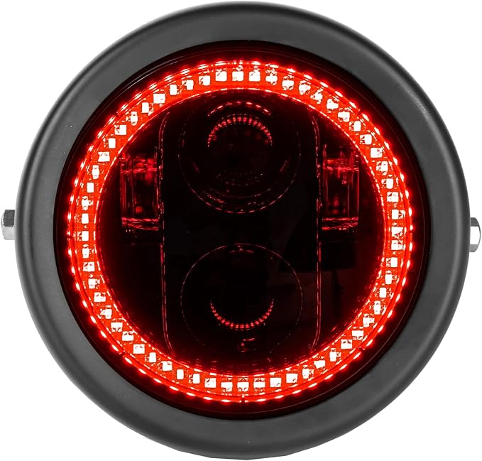 5.75inch 5-3/4 Black Motorcycle Headlight Smoked Red Halo DRL with Matte Black Housing Bucket 32-40mm Fork Tube Side Mount Brackets Compatible with Motorbikes