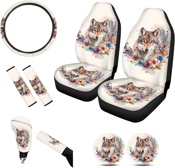 Tupalatus Auto Front Seat Covers Steering Wheel Cover,Seat Belt Shoulder Pads,Cup Holder,Gear Shift Knob Cover,Car Handbrake Protector Full Set of 9 Pieces for Women Gifts, Retro Wolf Floral Beige