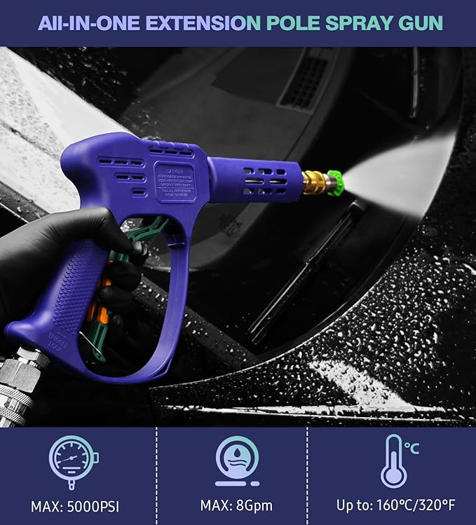 YeewayVeh High Pressure Washer Gun with 3/8" Quick Connect and M22 14mm / 15mm Fitting, Pressure Washer Wands with 5 Nozzles Tips, Power Washer Gun for Car Wash (5000PSI, 8 GPM)