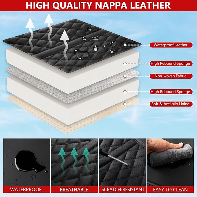 otoez Leather Car Seat Covers Full Set, Breathable Waterproof Nappa Leather Front Rear Car Seat Protectors with Lumbar Support, Universal Automotive Seat Covers for Most Cars SUV Truck Sedan (Black)