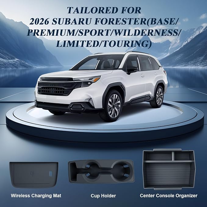 BIBIBO 3Pcs for New 2026 Subaru Forester Center Console Organizer 2026 Subaru Forester Console Armrest Tray+Cup Holder +Wireless Charging Mat Forester Insert Organizer (Not for 2025 Forester)