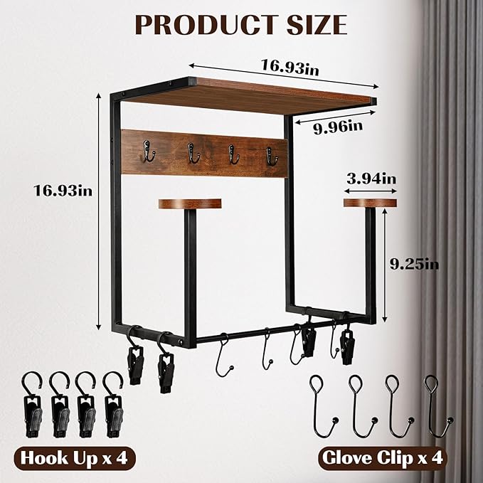 NANXITU Motorcycle Helmet Holder Wall Mount, Wooden Helmet Display Stands with Metal Frame Tiered Organizer,with 2 Helmet Rack,4 Glove Chips and 8 Hooks for Motorcycle Gear Accessories Storage