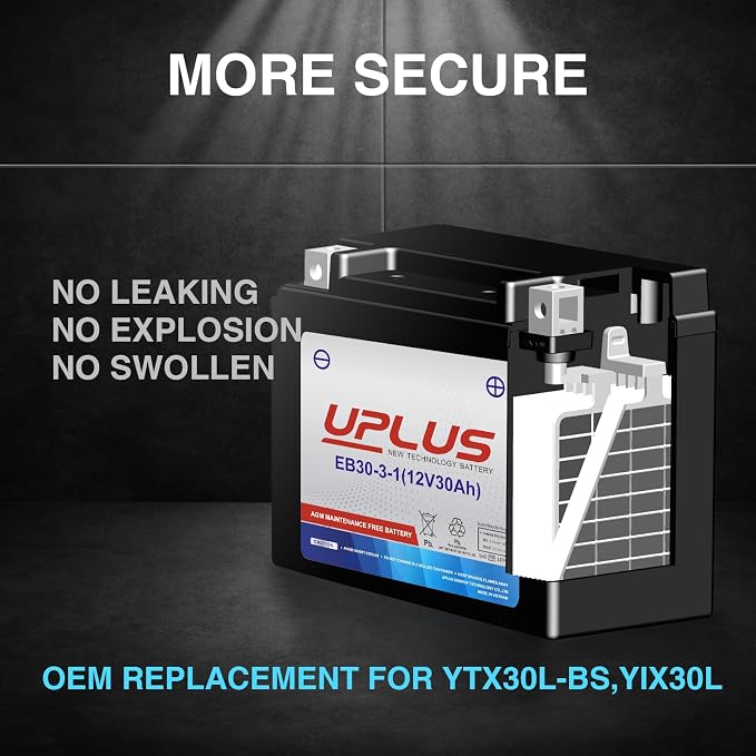UPLUS YTX30L-BS Motorcycle Battery, YIX30L-BS Replacement Maintenance Free & High Performance, EB30-3-1 AGM Batteries ETX30L UTV Snowmobile ATV Battery, 12V 30AH 400CCA
