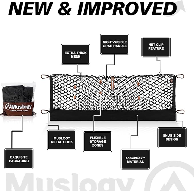 Muslogy Truck Bed Cargo Net Trunk Netting Compatible with Jeep Gladiator 2020-2025 2026 JT Accessories, Pickup Cargo Organizer SUV Sedan Storage Net w/Heavy Duty Carabiners