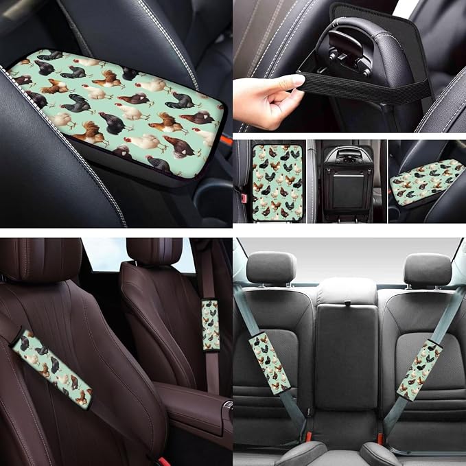 Rooster 12 Pcs Car Seat Covers with Steering Wheel Cover,Seat Belt Covers Cup Holder with Keychain Novelty Automotive Protector Set Universal Fit Automotive Most Cars