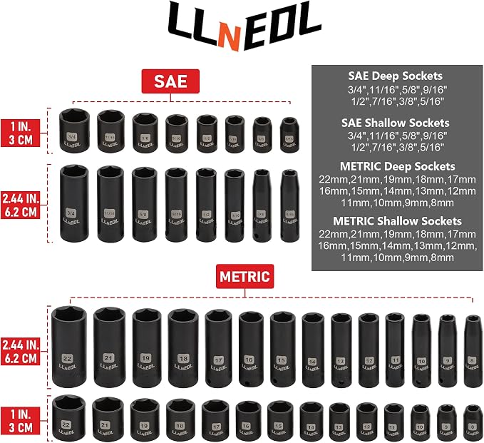 LLNEDL Impact Socket Set 3/8 Drive,95Pcs Deep&Shallow Socket Wrench Set,6 Point Metric&Standard Full |5/16"-3/4",8-22mm| with Spark Plug Sockets,72T Ratchet Handle, Screwdrivers for Automotive&Home