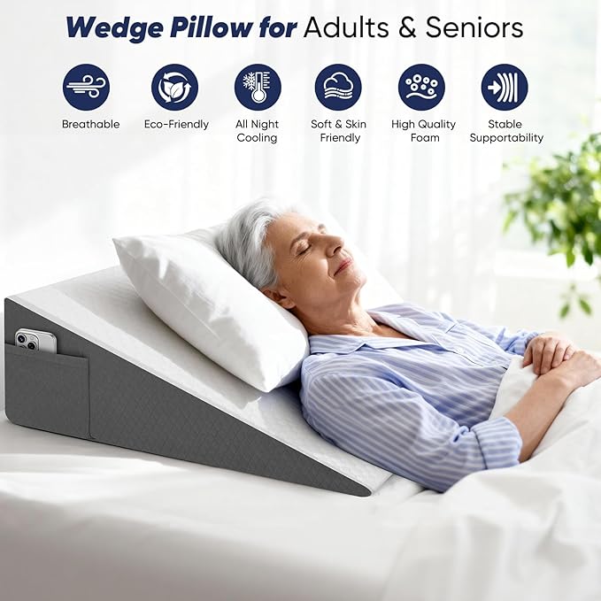 Bed Wedge Pillow for Sleeping & Resting, 8 inch Incline Pillow Wedge for Adults Seniors, Back Support and Leg Elevation, Cooling Memory Foam Top, Ideal for Couch, Bedroom & Living Room