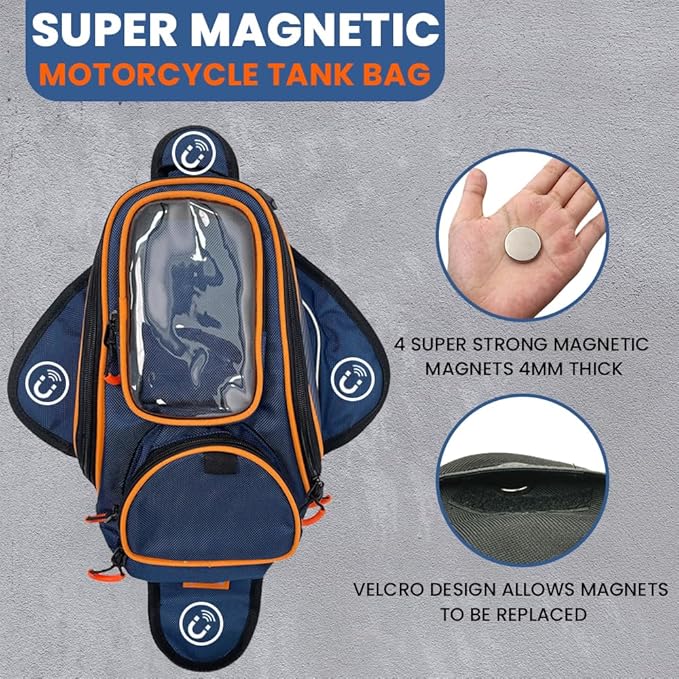 reygeak Motorcycle Tank Bag，Waterproof, with super magnetic thickened magnet blue orange 1680D PVC petrol tank bag, large window cell phone bag, suitable for Suzuki Kawasaki Honda Harley Yamaha.