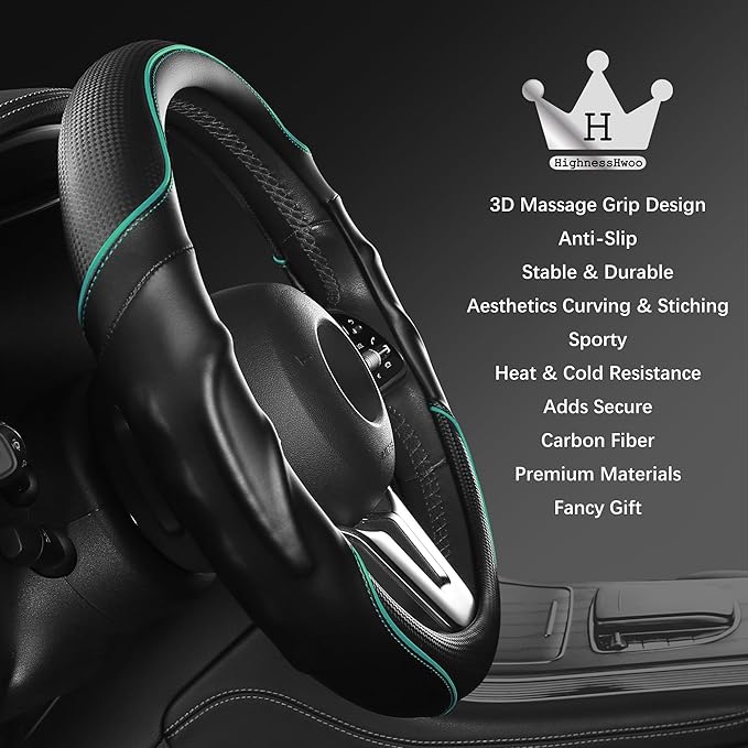 HighnessHwoo 3D Car Steering Wheel Cover Comfort Grip Massage Sporty Anti-Slip Carbon Fiber Faux Leather for Sedan SUV, Universal Fit, Car Handle Covers for All Seasons, 14.75-15.15in, Green