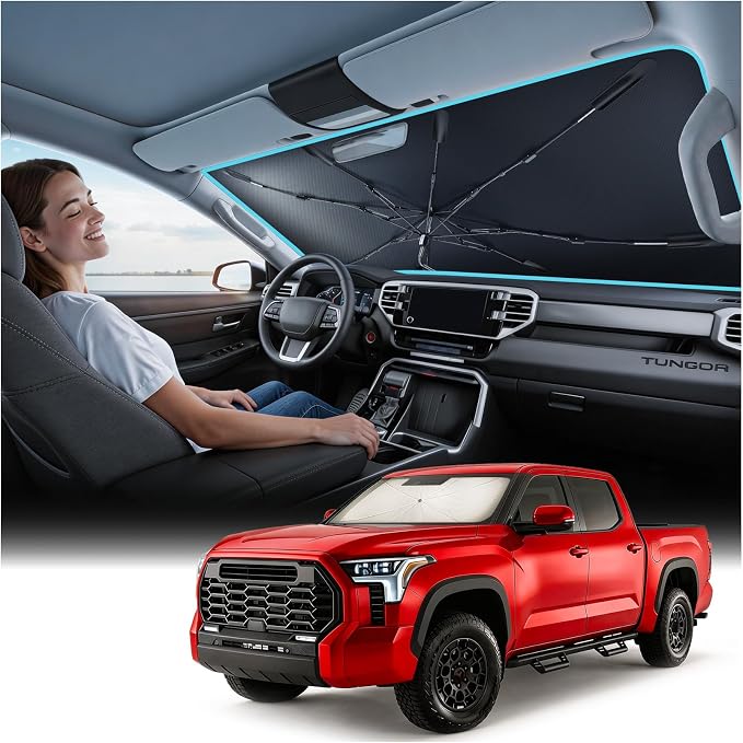 Nmoiss Windshield Sun Shade Umbrella for Toyota Tundra 2020-2026, [Vinyl Coating Heat Shield] Protect Car from Sun Rays & Heat Damage Keep Cool and Protect Interior