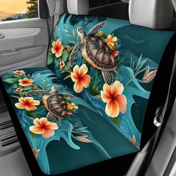 Sea Turtle Car Seat Covers Full Set of 17 Pcs,Plumeria Car Accessories with Animal Turtle Car Floor Mats Auto Seat Belt Cover Steering Wheel Cover Automotive Interior Seat Mat Cover for Women