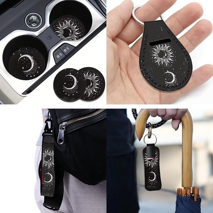 Moon Stars Car Seat Covers Black Auto Front Back Seat Covers Set of 12，Univesal Fit Moon Stars Cup Mat+Keychain+15Inch Elastic Steering Wheel Cover+Safety Seatbelt Cushion Car Interior Set
