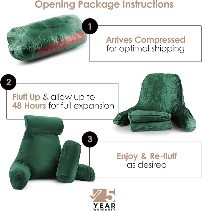 Nestl Reading Pillow with Shredded Memory Foam Includes 2 Neck and Lumber Support Pillows, Designed for Sitting Up in Bed and Couch, Back and Arms Adjustable Support for Adult & Teens, Dark Green