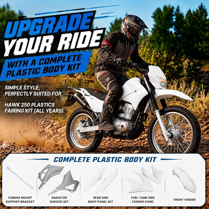 Hawk 250 Plastics Fairing Kit (All Years) - Premium PP Dirt Bike Bodywork Replacement with Fenders & Tank Guards - OEM Fitment White