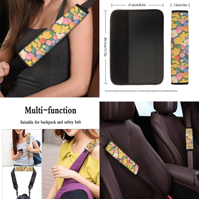 13 Pack Rainbow Wild Flower Car Seat Covers, Colorful Wildflowers Steering Wheel Cover Seat Belt Pads, Abstract Floral Geometric Auto Front and Rear Bench Seat Cover