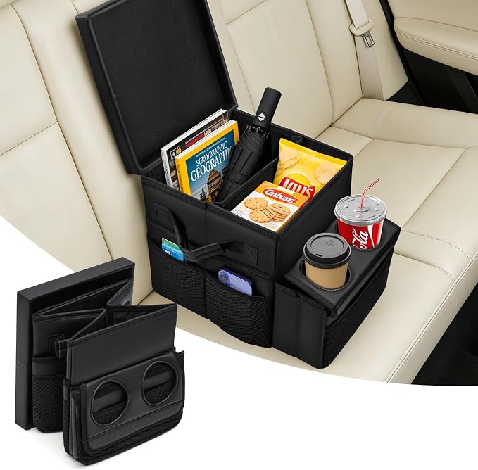 Foldable Bench Seat Center Console, Car Armrest Organizer Box with 2 Large Cup Holders & Massive Storage, Universal Portable Trunk Console Arm Rest for Car/Truck/Van/SUV Rear Organizers Back Seat