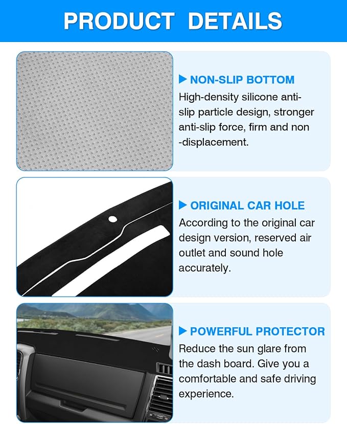 Autorder Dashboard Cover Mat for 2009 2010-2018 Dodge Ram 1500 2500 3500 Accessories Dash Cover Flannel Dash Mat Sunshade Glare UV Rays Protector (Without Hud)