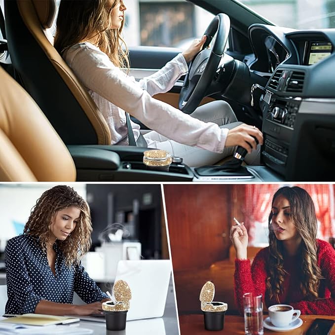 eing Car Ashtray Portable Bling Cigarette Smokeless Cylinder Cup Holder with Blue LED Light Indicator and 2 Replacement Batteries,Car Accessories for Women,Ideal for Car,Home and Office,1-Pack Gold
