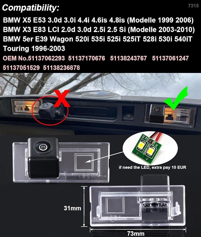 Vehicle Backup Cameras with 4.3" LCD Monitor,Wide View Angle Night Vision Rearview Reverse Camera Replacement for BMW X5 E53 3.0d 3.0i 4.4i 4.6is 4.8is X3 E83 LCI 2.0d OEM NO.51137062293