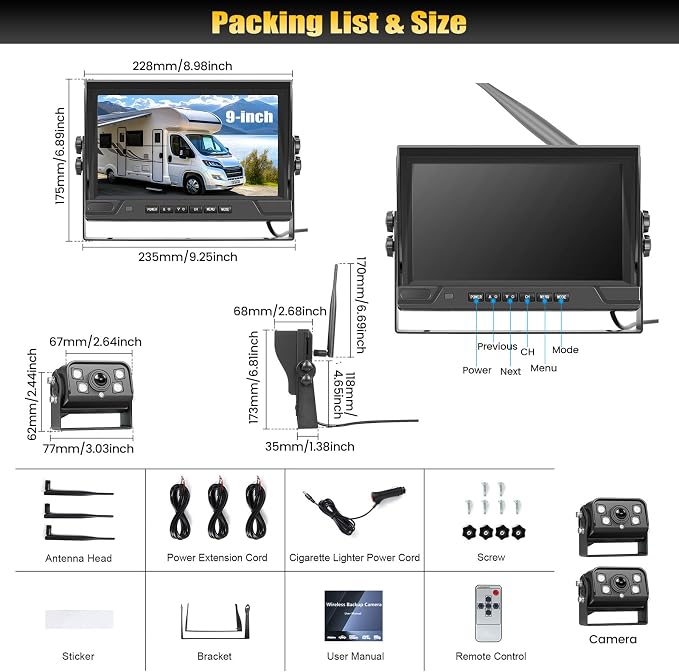 9 Inch Wireless Backup Camera System with BSD, DVR Recording, 4-Channel Support, HD Digital Signal, IP68 Waterproof, IR Night Vision, 12-24V Camera fit for Car Truck RV Trailer